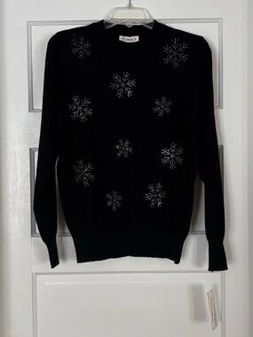 Nanette Lepore Black Crewneck Sweater with Rhinestone Snowflakes